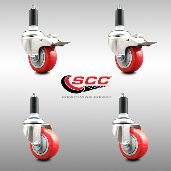Service Caster 3 Inch 316SS Red Poly Swivel 1 Inch Expanding Stem Caster Lock Brake, 2PK SCC-SS316TTLEX20S314-PPUBRED-2-S-2-1 - main